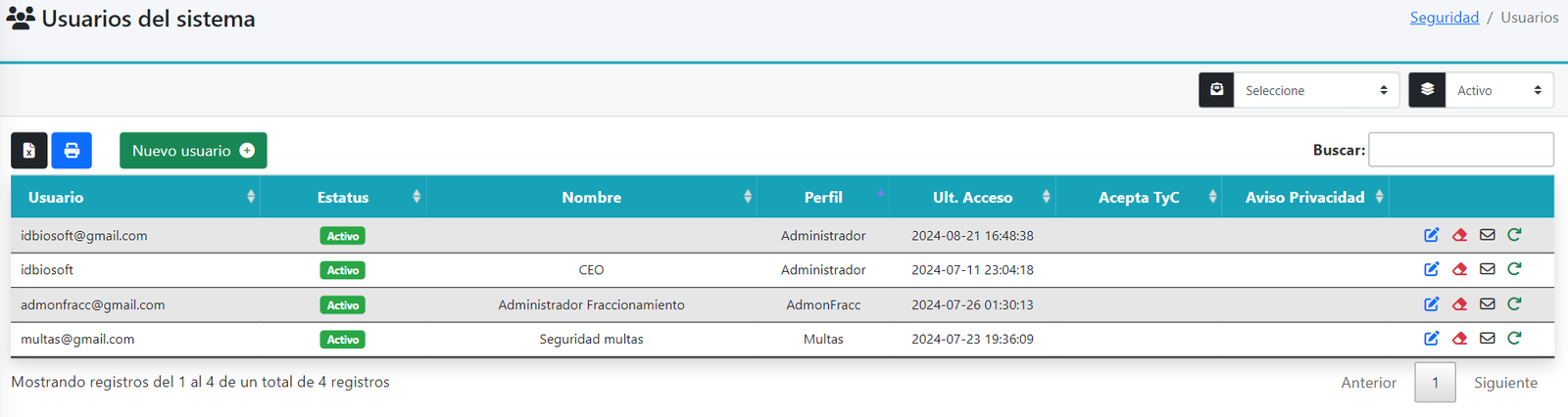 Configuración de usuarios sistema para fraccionamientos